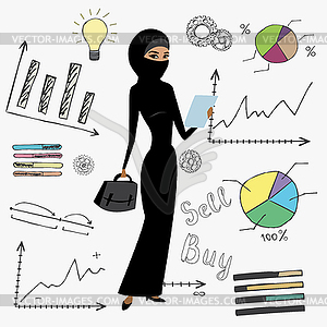 Cartoon business woman and doodle finance set - vector clipart