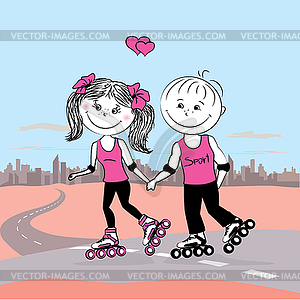 Young couple in love on roller skates jogging - vector image