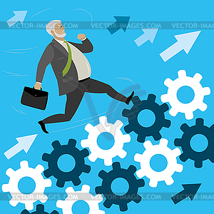 Fat businessman run on gears to success - color vector clipart