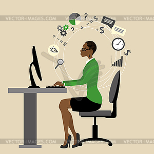 Business woman or office worker working at computer - vector image