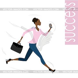 Young, pretty african american Business woman runs - vector clip art