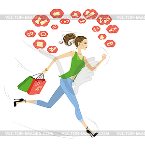 Young lady running with shopping bags - vector clipart