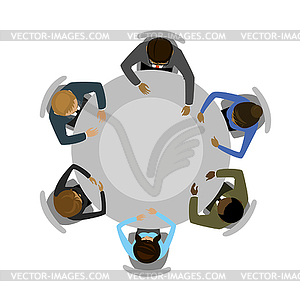 Five people different races sitting and working - vector clip art