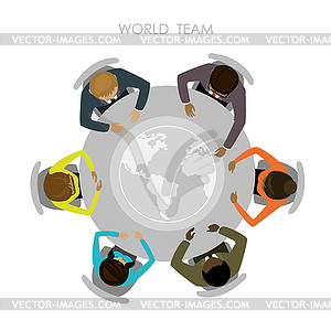 Five people different races sitting and working - vector clip art