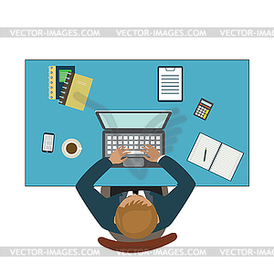 Office workplace. Businessman working with laptop - vector image