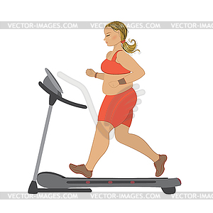 Obese girl running on treadmill - vector clipart