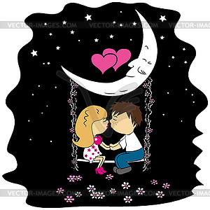 Love couple sitting at night on swing attached to - vector clip art