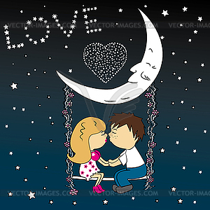 Love couple sitting at night on swing attached to - vector clipart