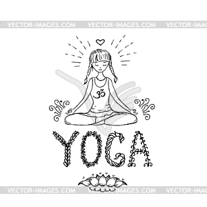 Girl in lotus yoga pose. Doodle  - vector image