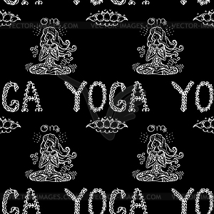 Girl in lotus yoga pose seamless pattern - vector clip art