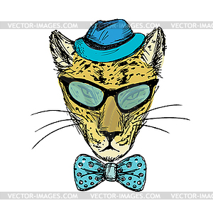 Fashion Portrait of cheetah Hipster with bow,glasses - vector image