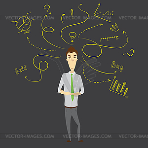 Businessman thinking and standing against doodle - vector image