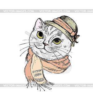 Portrait of cat with big eyes in Elegant women`s ha - vector image