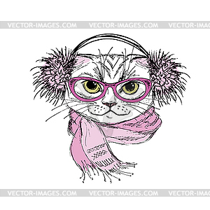 Portrait of cat with scarf and glasses hipster - vector image