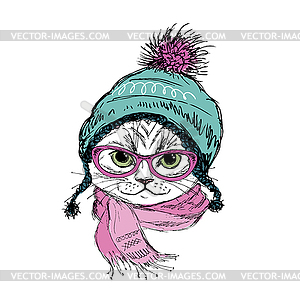 Модный кот в шапке, шарфе и очках - векторное графическое изображение