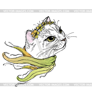 Hand draw fashion portrait of cat girl - vector clipart