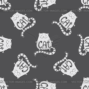 Cute fat cat seamless pattern, funny on dark - vector image