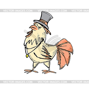 Sketch of fashion rooster in hat - vector clipart