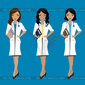 Set of three cute female doctors,asian and - vector clipart