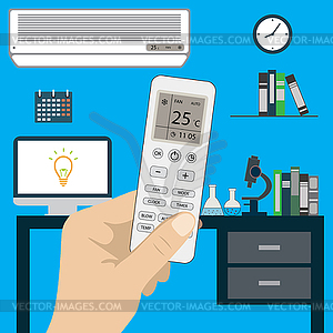 Remote control of air conditioner in hand and air - vector image