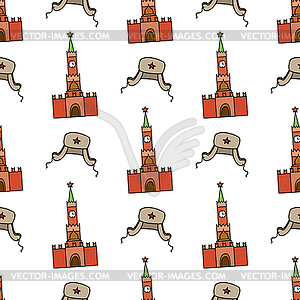 Seamless pattern with Kremlin and hat with ear flaps - vector clipart