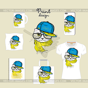 Fashion cat with cap, glasses, scarf and different - vector image