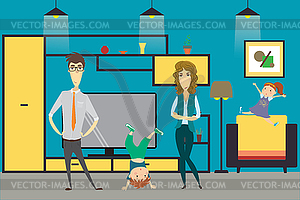 Cute cartoon family - mom, dad,daughter and son in - vector EPS clipart