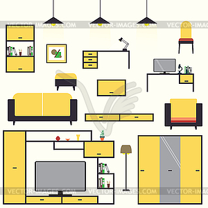 Cartoon set furniture living room interior design - vector clipart