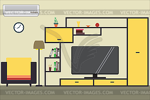 Cartoon graphic living room interior design with - color vector clipart