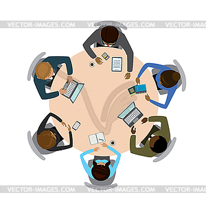 Six people different races sitting and working - vector clip art