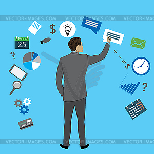 Businessman back view and business icon, - vector clipart