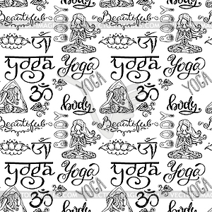 Yoga seamless pattern with lettering,ornament,girl - vector image