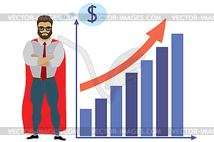 Businessman super hero and growth chart - vector clipart