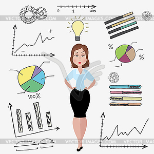 Cartoon business woman and doodle business set on - vector clipart