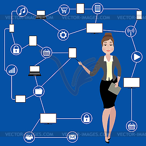 Business woman and global social net - vector clip art