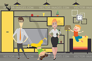 Милая мультипликационная семья - мама, папа, дочка и сын в - изображение в векторе