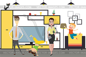 Cute cartoon family - mom, dad,daughter and son in - vector clip art