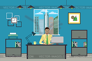 Мультяшный бизнесмен работает на дому или в современном офисе - векторный клипарт / векторное изображение