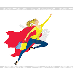 Super girl flies shopping,Hero wowan - vector clipart