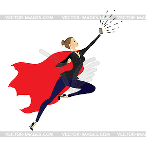 Super heroine with mobile phone - vector image