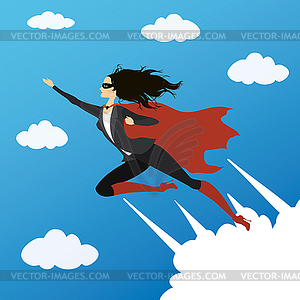 Деловая женщина выглядит как Супергерой, летящий в - векторная иллюстрация