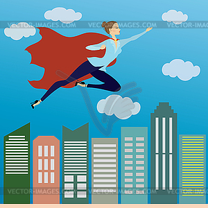 Business woman superhero flying in sky above - stock vector clipart