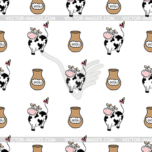 Cute cartoon cow with milk,seamless pattern - vector clipart