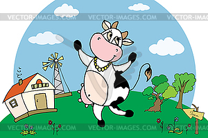 Cute happy cow and farm, - vector EPS clipart