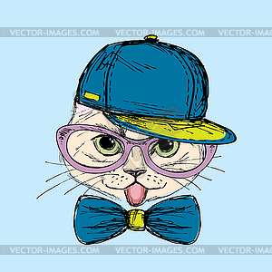 Fashion Portrait of Hipster Cat in Big Glasses,bow - vector clip art