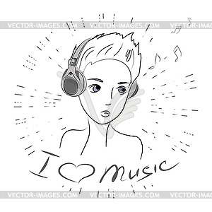 Cute beauty teenager,i love music - white & black vector clipart