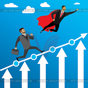 Businessman run to success and super hero flying - vector clipart