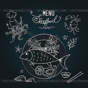 Морепродукты и рыба на тарелке, черная доска фон - векторное изображение клипарта