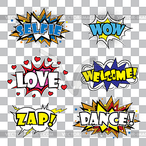 Comic art speech bubble with expressions stickers - vector clipart