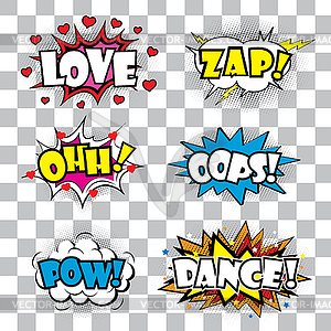 Comic art speech bubble with expressions stickers - vector clip art